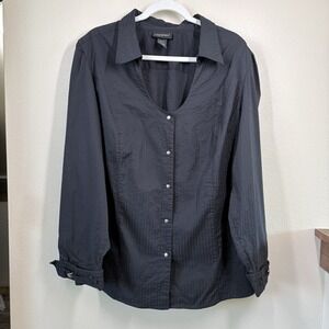Lane Bryant Shirt Women 26/28 Plus Black  Button Up Collared Scoop Snap Business